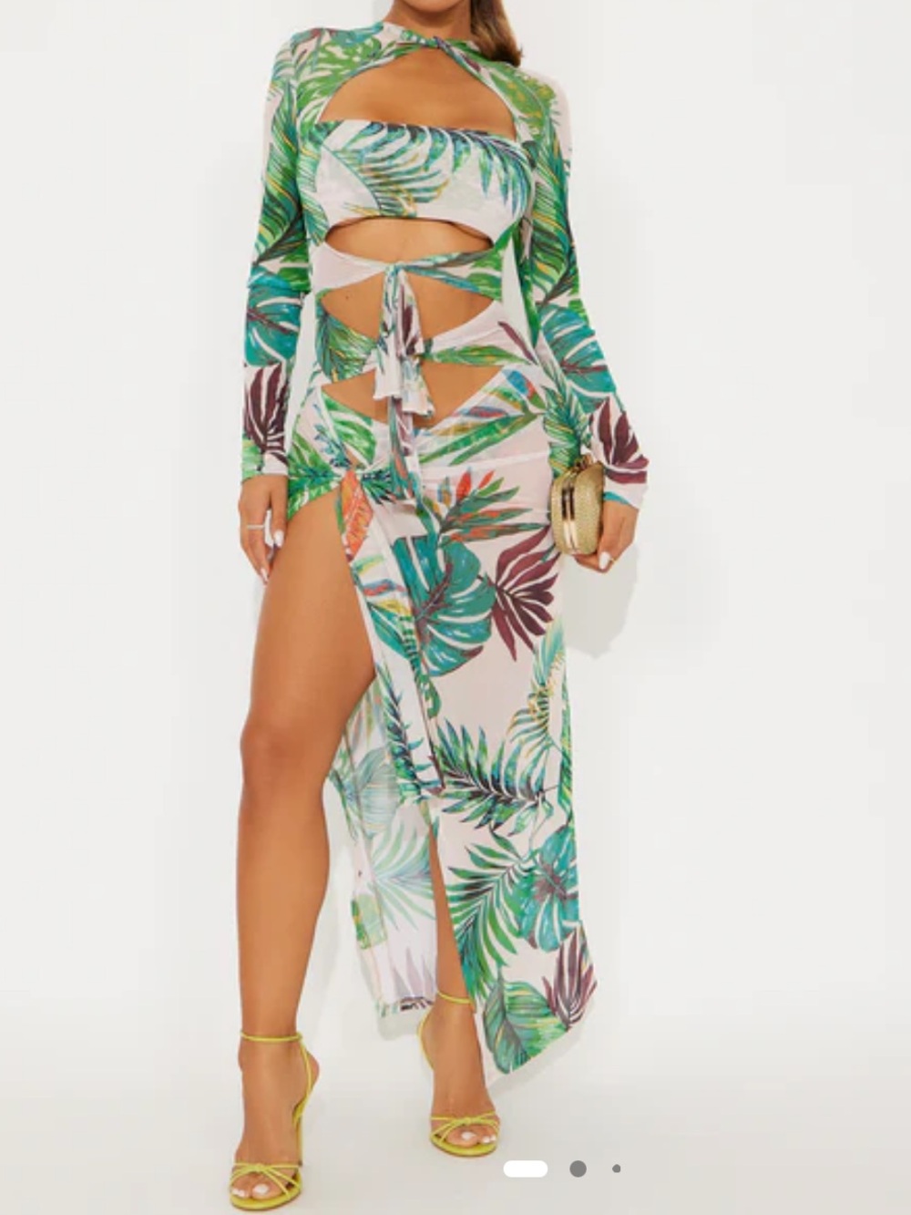 Breezy Tropical Cut Out Mesh Maxi Dress - Green Combo